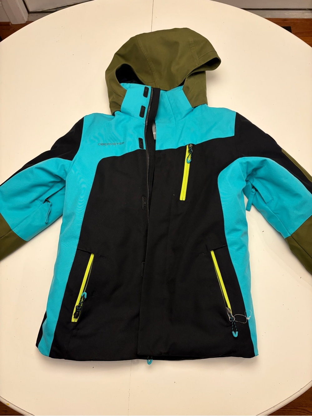 Obermeyer Teal, Black & Olive Hooded Kids Puffer Jacket and Ski Pants Set